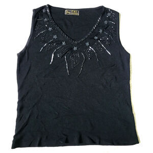 Vintage Y2K Cal Fashion Womens L* Black Beaded V Neck Ribbed Top Sleeveless